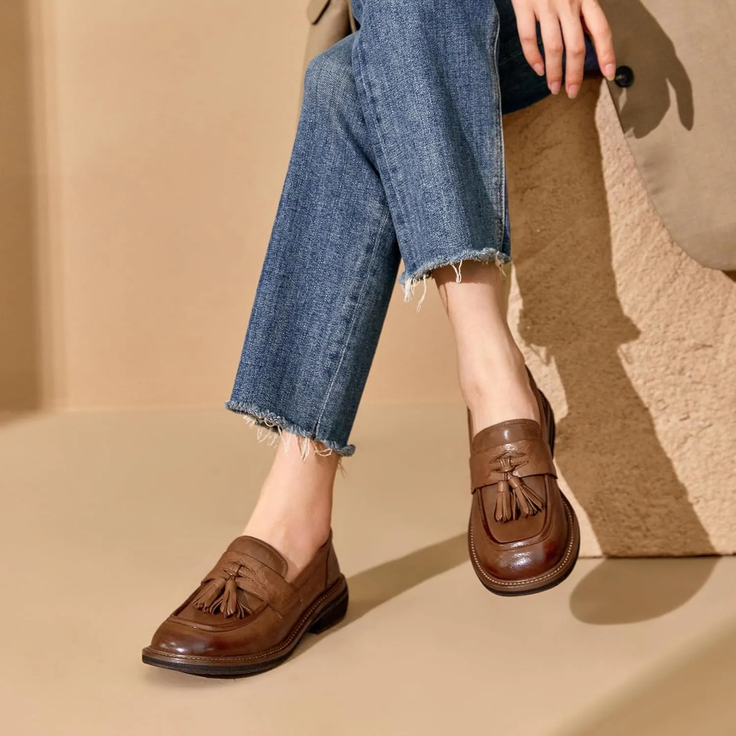 BEAU TODAY Penny Loafers for Women, Women’s Slip On Leather Loafers, Chunky Tassel Loafers Square Toe Shoes, Comfortable Dressy Business Casual Non-Slip Office Ladies Shoes