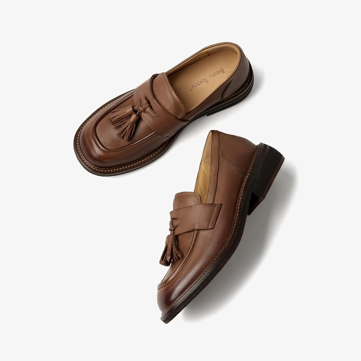 BEAU TODAY Penny Loafers for Women, Women’s Slip On Leather Loafers, Chunky Tassel Loafers Square Toe Shoes, Comfortable Dressy Business Casual Non-Slip Office Ladies Shoes