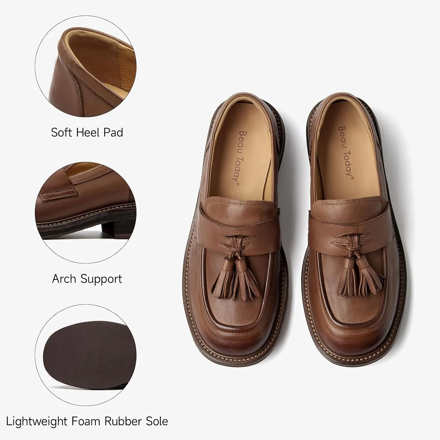 BEAU TODAY Penny Loafers for Women, Women’s Slip On Leather Loafers, Chunky Tassel Loafers Square Toe Shoes, Comfortable Dressy Business Casual Non-Slip Office Ladies Shoes