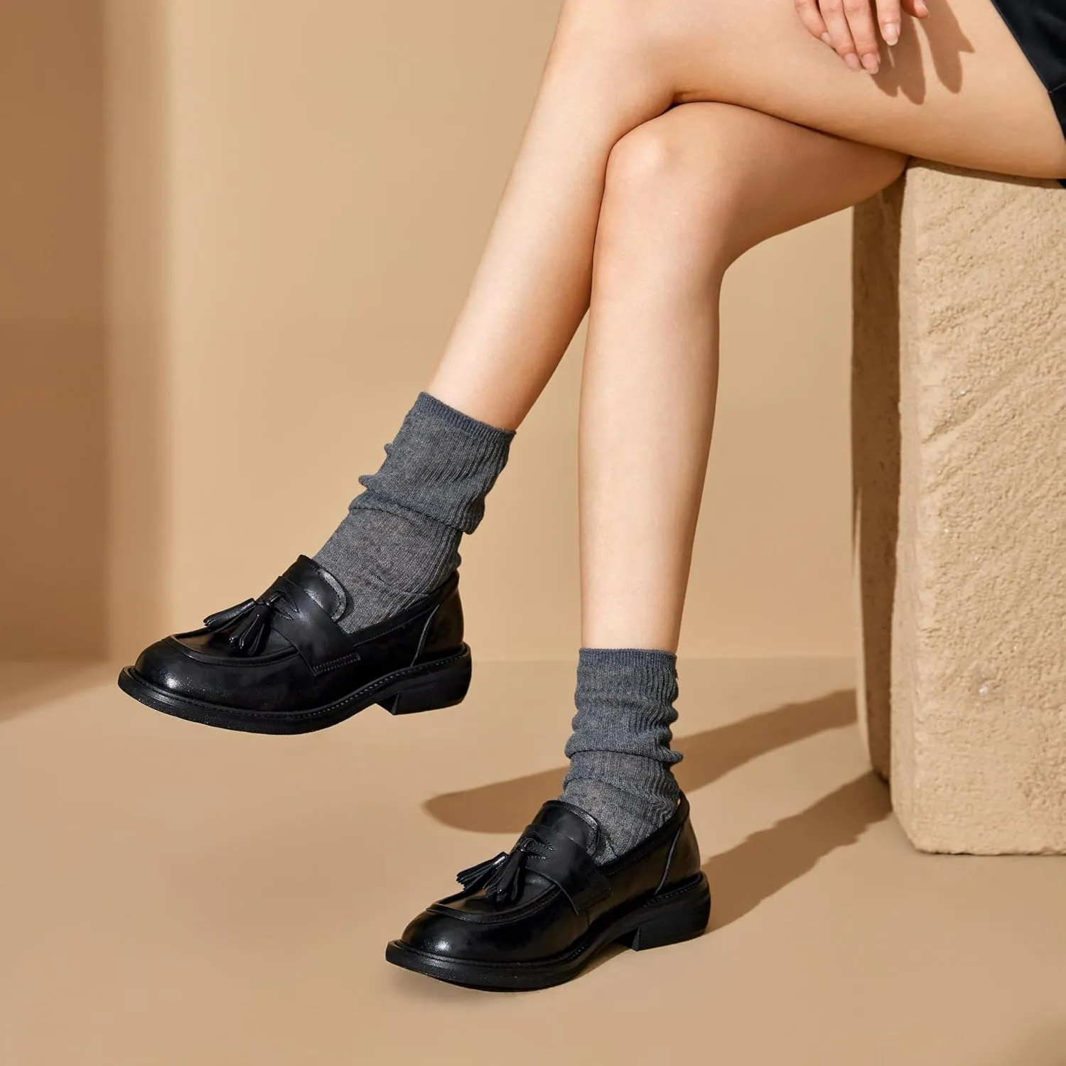 BEAU TODAY Penny Loafers for Women, Women’s Slip On Leather Loafers, Chunky Tassel Loafers Square Toe Shoes, Comfortable Dressy Business Casual Non-Slip Office Ladies Shoes