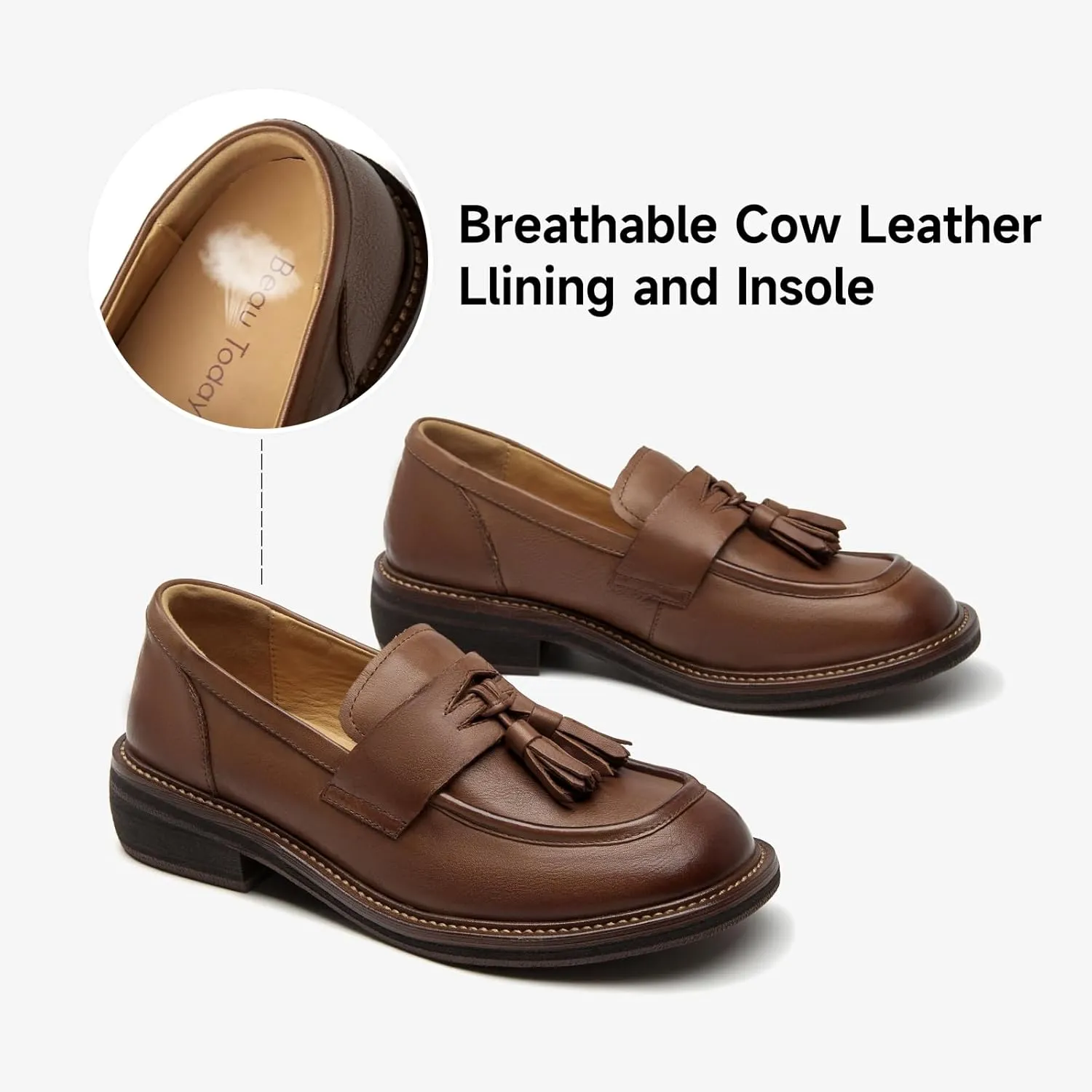 BEAU TODAY Penny Loafers for Women, Women’s Slip On Leather Loafers, Chunky Tassel Loafers Square Toe Shoes, Comfortable Dressy Business Casual Non-Slip Office Ladies Shoes