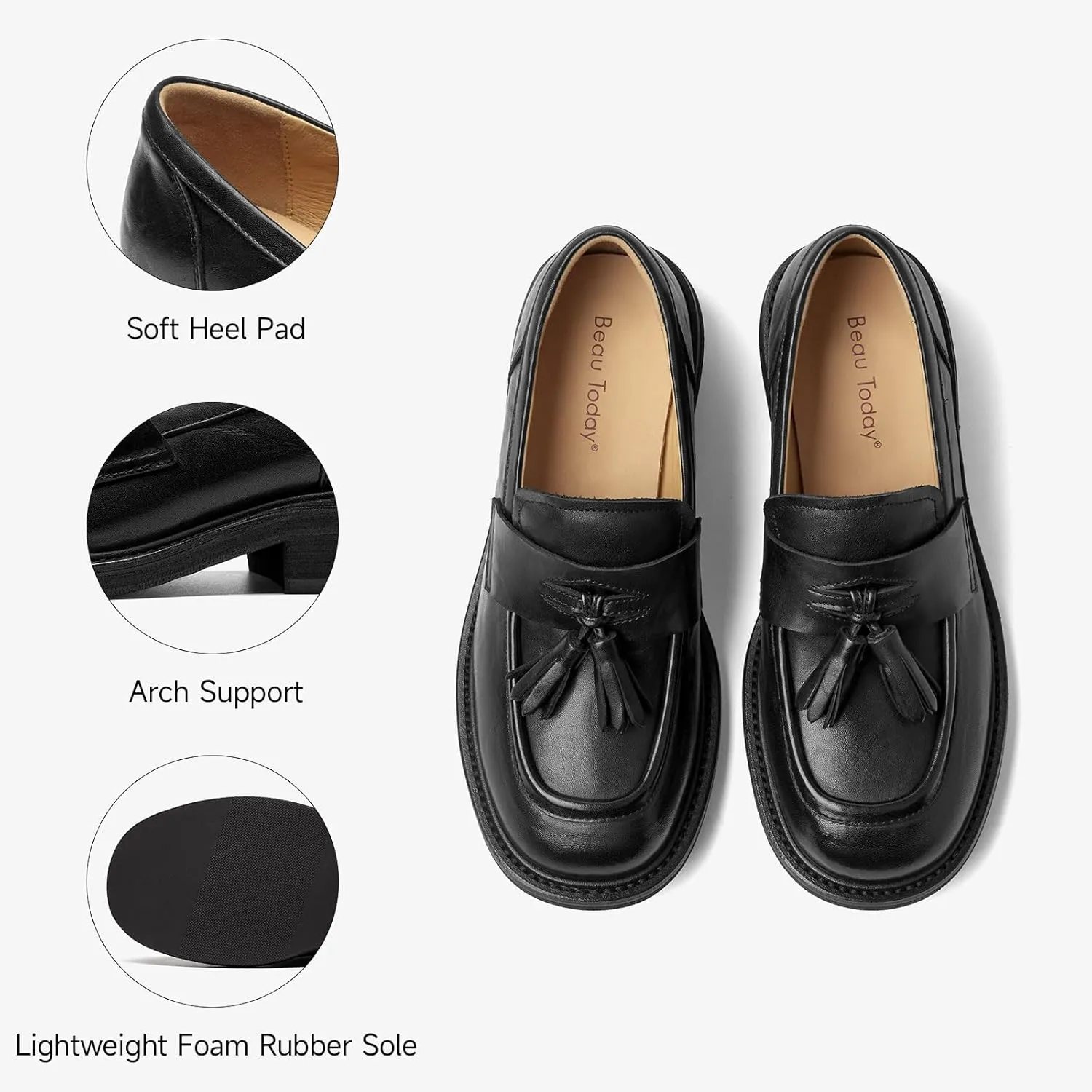 BEAU TODAY Penny Loafers for Women, Women’s Slip On Leather Loafers, Chunky Tassel Loafers Square Toe Shoes, Comfortable Dressy Business Casual Non-Slip Office Ladies Shoes