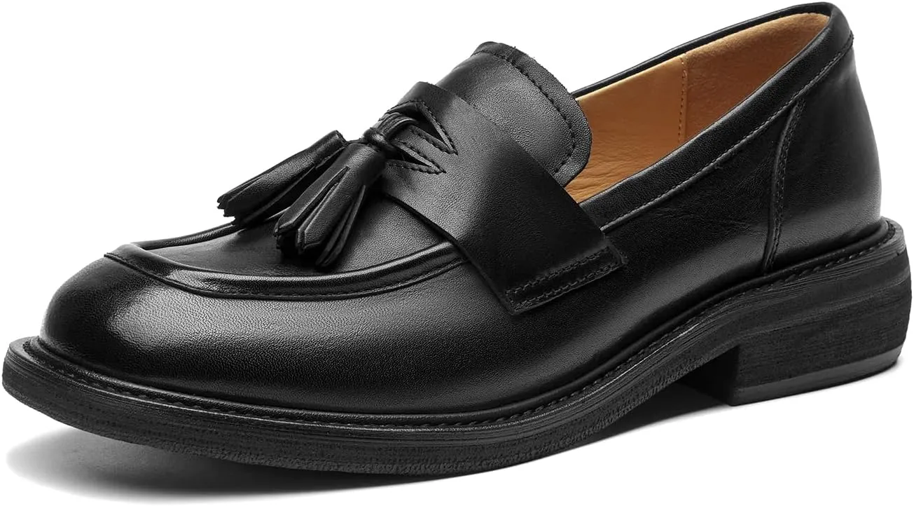 BEAU TODAY Penny Loafers for Women, Women’s Slip On Leather Loafers, Chunky Tassel Loafers Square Toe Shoes, Comfortable Dressy Business Casual Non-Slip Office Ladies Shoes