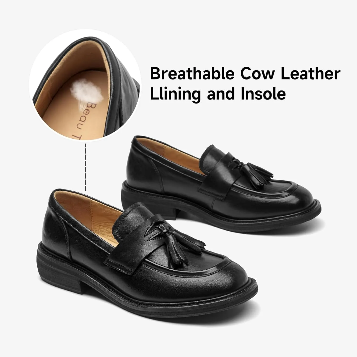 BEAU TODAY Penny Loafers for Women, Women’s Slip On Leather Loafers, Chunky Tassel Loafers Square Toe Shoes, Comfortable Dressy Business Casual Non-Slip Office Ladies Shoes