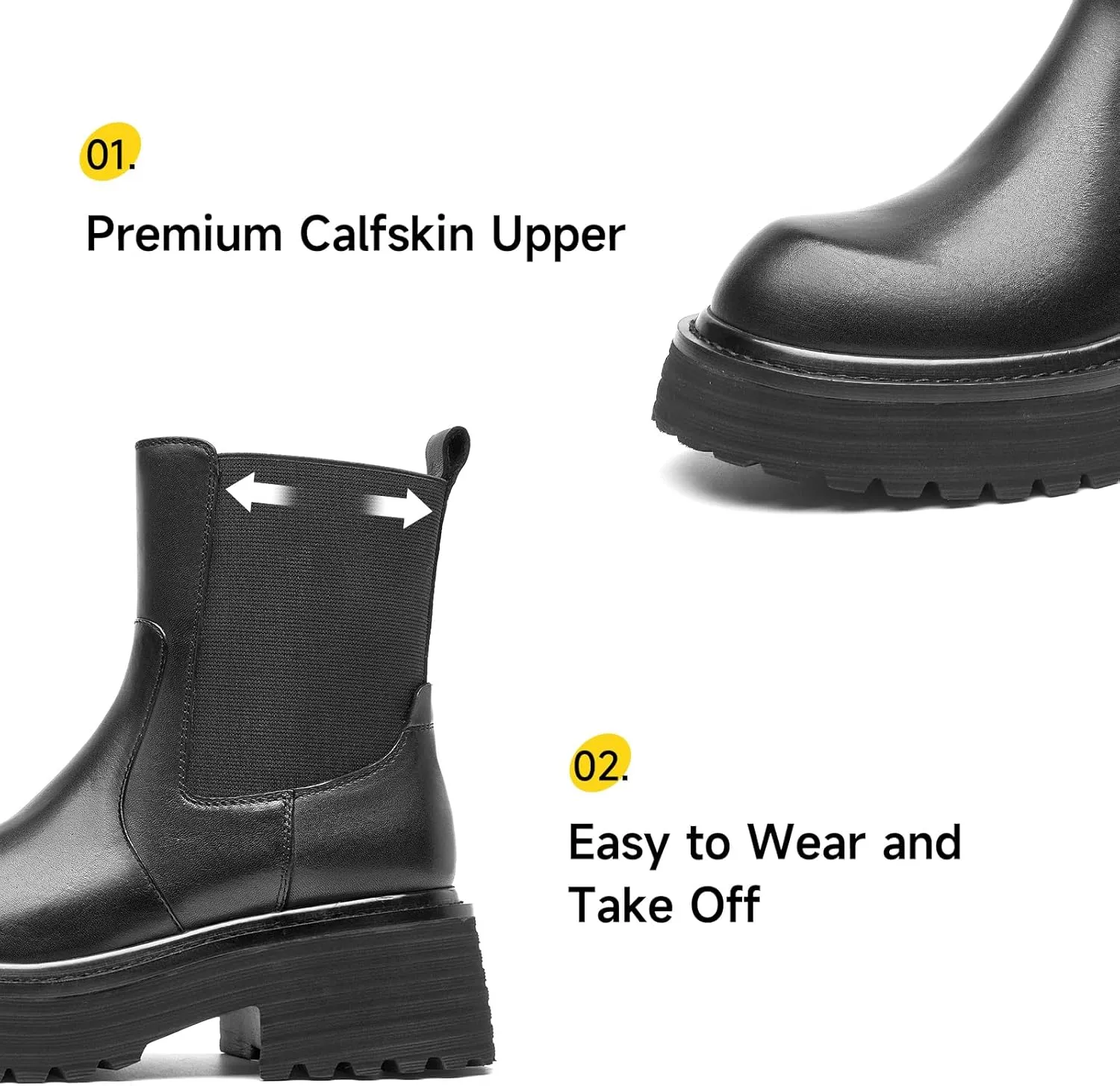 BEAU TODAY Platform Chelsea Boots for Women, Chunky Genuine Leather Elastic Ankle Boots for Women, Fashion Fall boots with Round Toe, Comfortable Slip-on Winter Combat Boots