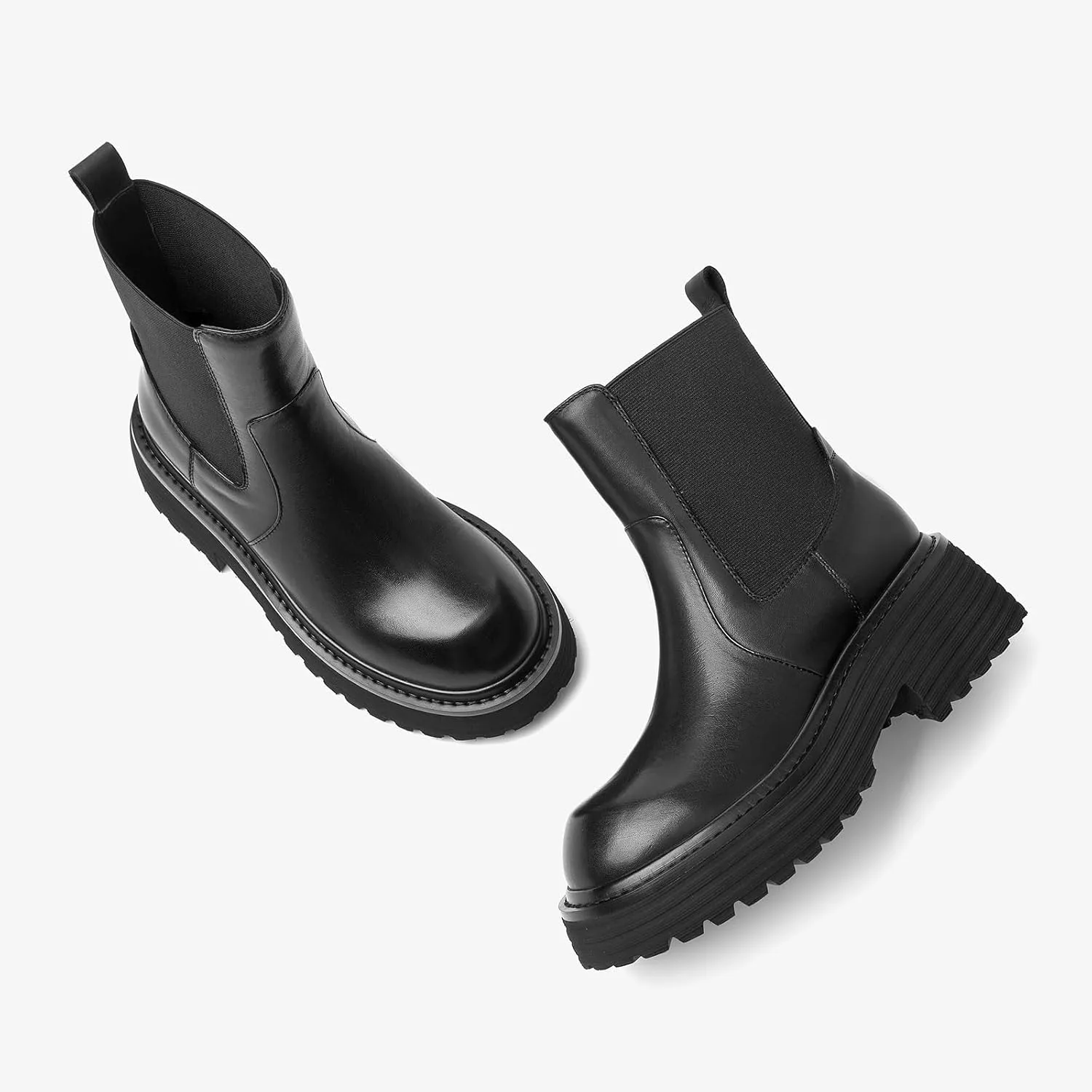BEAU TODAY Platform Chelsea Boots for Women, Chunky Genuine Leather Elastic Ankle Boots for Women, Fashion Fall boots with Round Toe, Comfortable Slip-on Winter Combat Boots