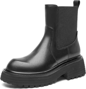 BEAU TODAY Platform Chelsea Boots for Women, Chunky Genuine Leather Elastic Ankle Boots for Women, Fashion Fall boots with Round Toe, Comfortable Slip-on Winter Combat Boots