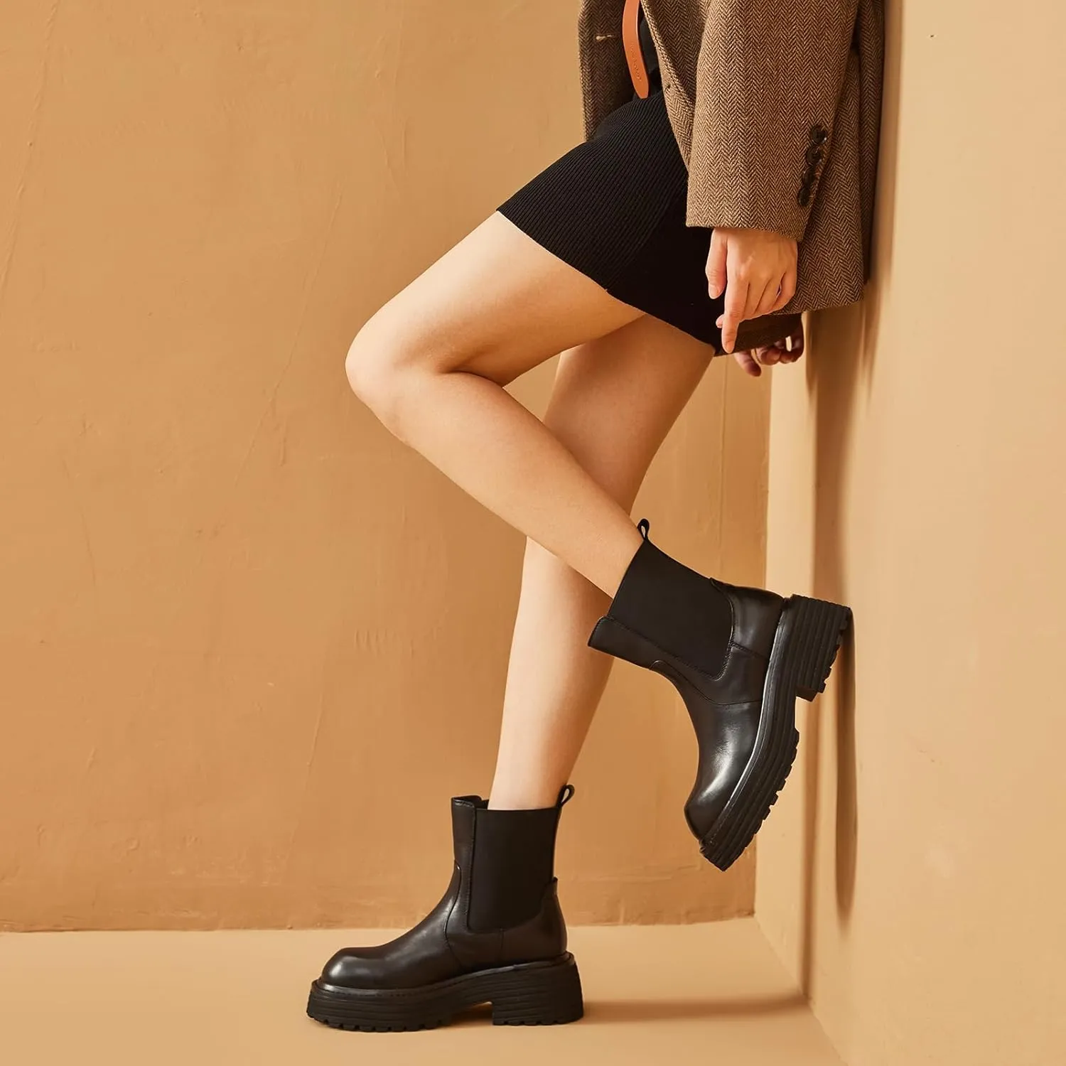 BEAU TODAY Platform Chelsea Boots for Women, Chunky Genuine Leather Elastic Ankle Boots for Women, Fashion Fall boots with Round Toe, Comfortable Slip-on Winter Combat Boots