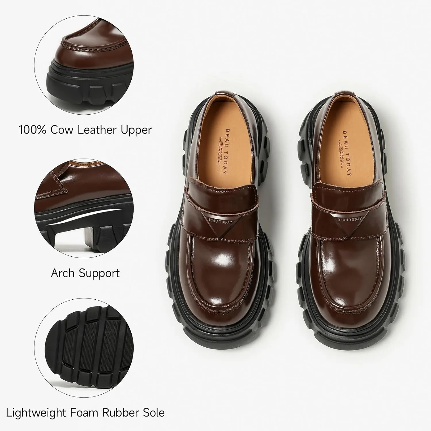 BEAU TODAY Platform Leather Loafers for Women, Chunky Lug Sole Loafers Women, Comfortable Slip-on Business Casual Non-Slip Round Toe Office Ladies Dress Shoes