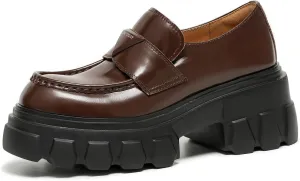 BEAU TODAY Platform Leather Loafers for Women, Chunky Lug Sole Loafers Women, Comfortable Slip-on Business Casual Non-Slip Round Toe Office Ladies Dress Shoes