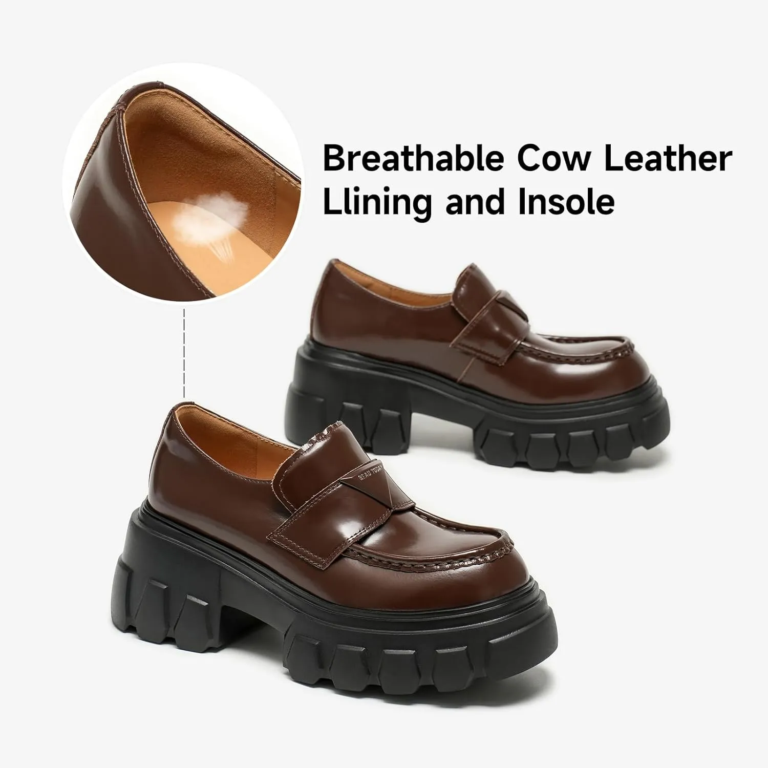 BEAU TODAY Platform Leather Loafers for Women, Chunky Lug Sole Loafers Women, Comfortable Slip-on Business Casual Non-Slip Round Toe Office Ladies Dress Shoes