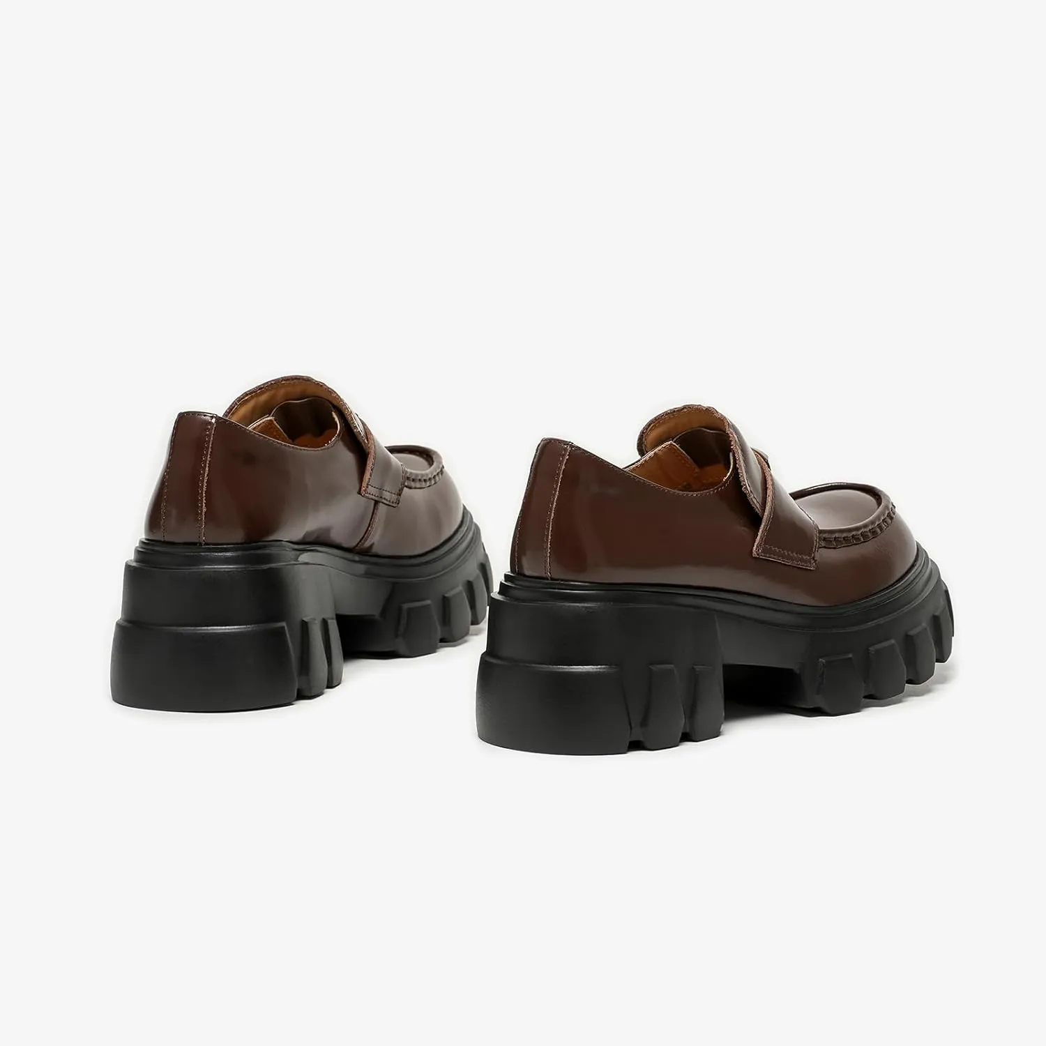BEAU TODAY Platform Leather Loafers for Women, Chunky Lug Sole Loafers Women, Comfortable Slip-on Business Casual Non-Slip Round Toe Office Ladies Dress Shoes