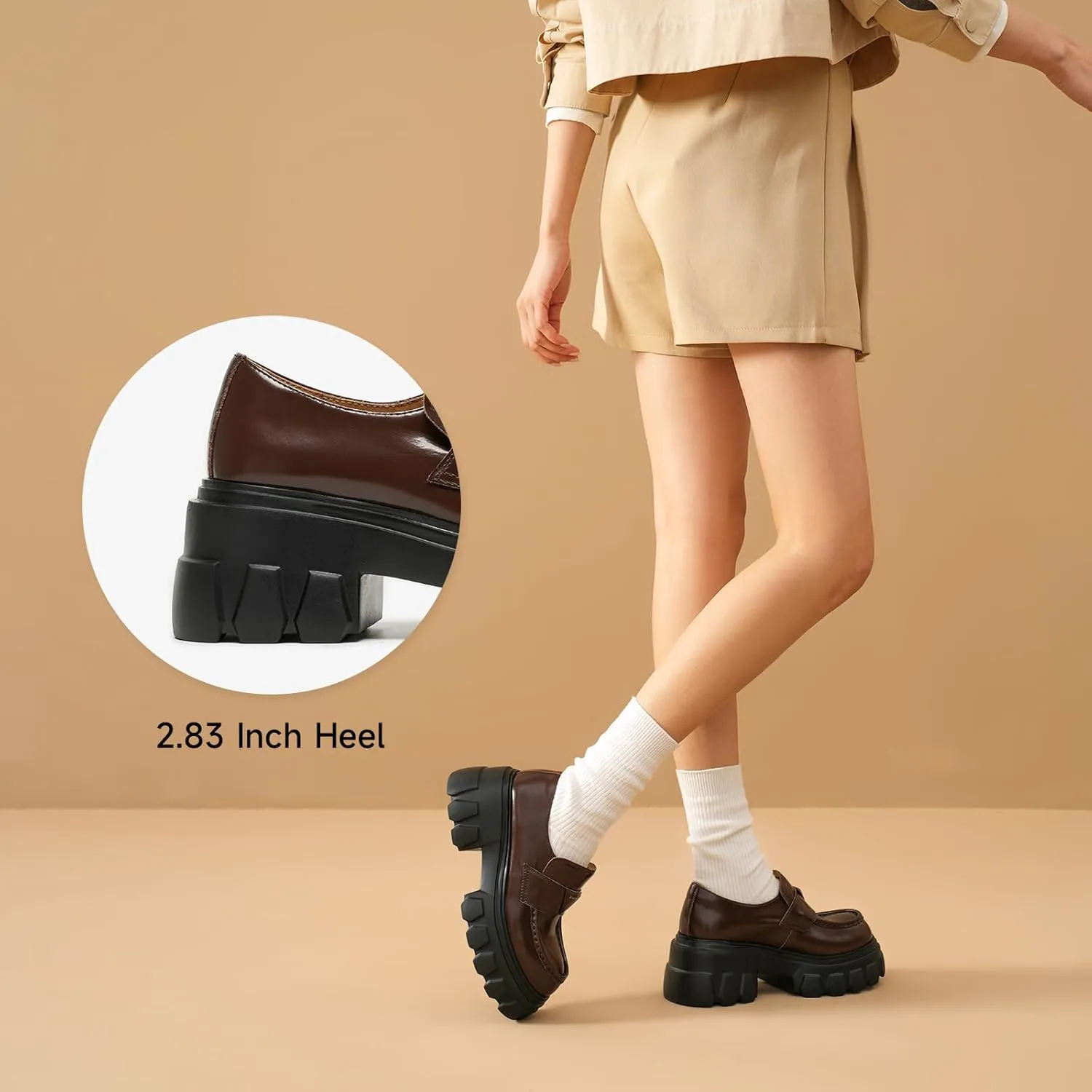 BEAU TODAY Platform Leather Loafers for Women, Chunky Lug Sole Loafers Women, Comfortable Slip-on Business Casual Non-Slip Round Toe Office Ladies Dress Shoes