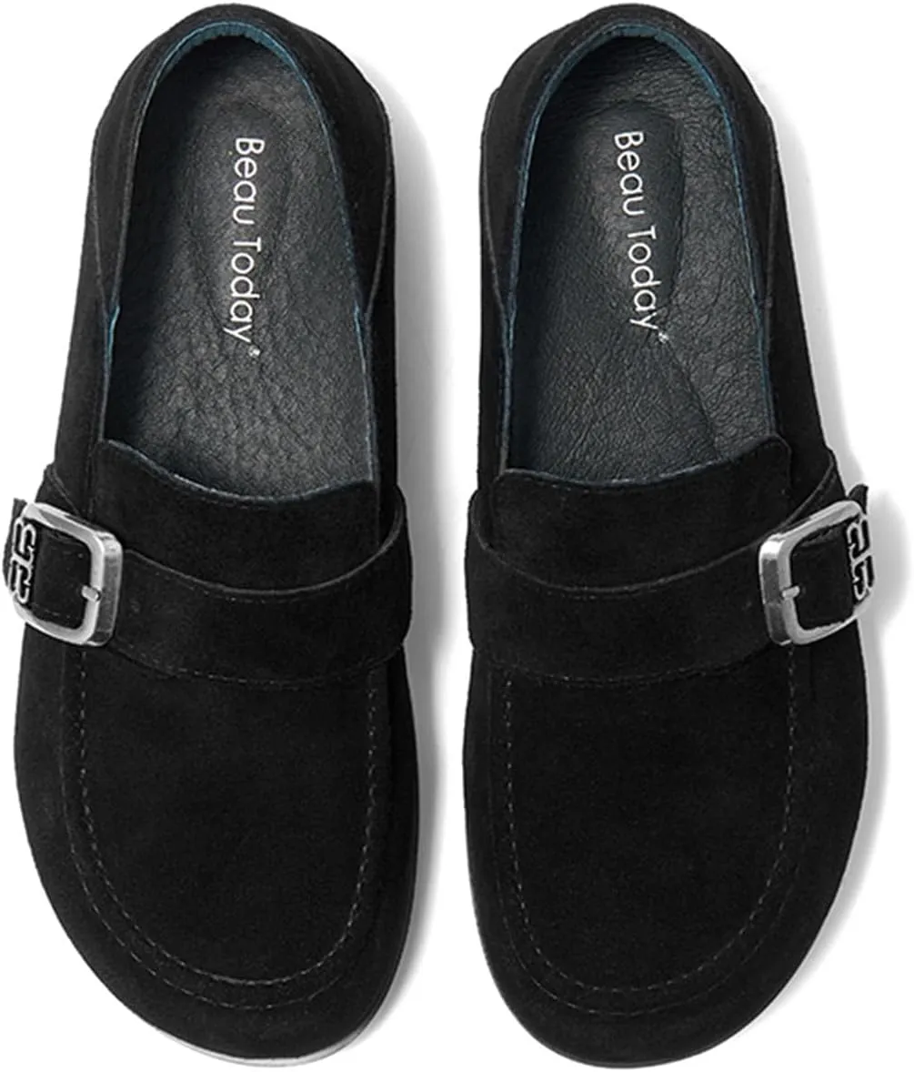 BEAU TODAY Suede Leather Loafers Women, Women’s Slip On Wide Width Loafers Flats Shoes, Footbed Comfortable Casual Dress Potato Shoes with Arch Support and Adjustable Buckle