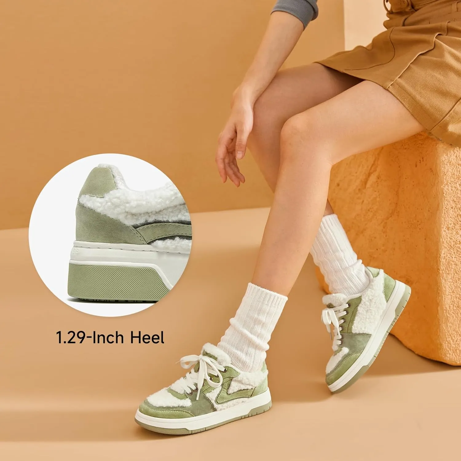 BEAU TODAY Winter Fashion Sneakers for Women, Women's Warm Fur Lined Platform Sneakers, Chunky Suede Leather Sneakers for Women, Casual Comfortable Lace-up Anti-Slip Outdoor Walking Shoes