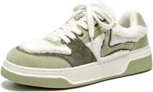 BEAU TODAY Winter Fashion Sneakers for Women, Women's Warm Fur Lined Platform Sneakers, Chunky Suede Leather Sneakers for Women, Casual Comfortable Lace-up Anti-Slip Outdoor Walking Shoes