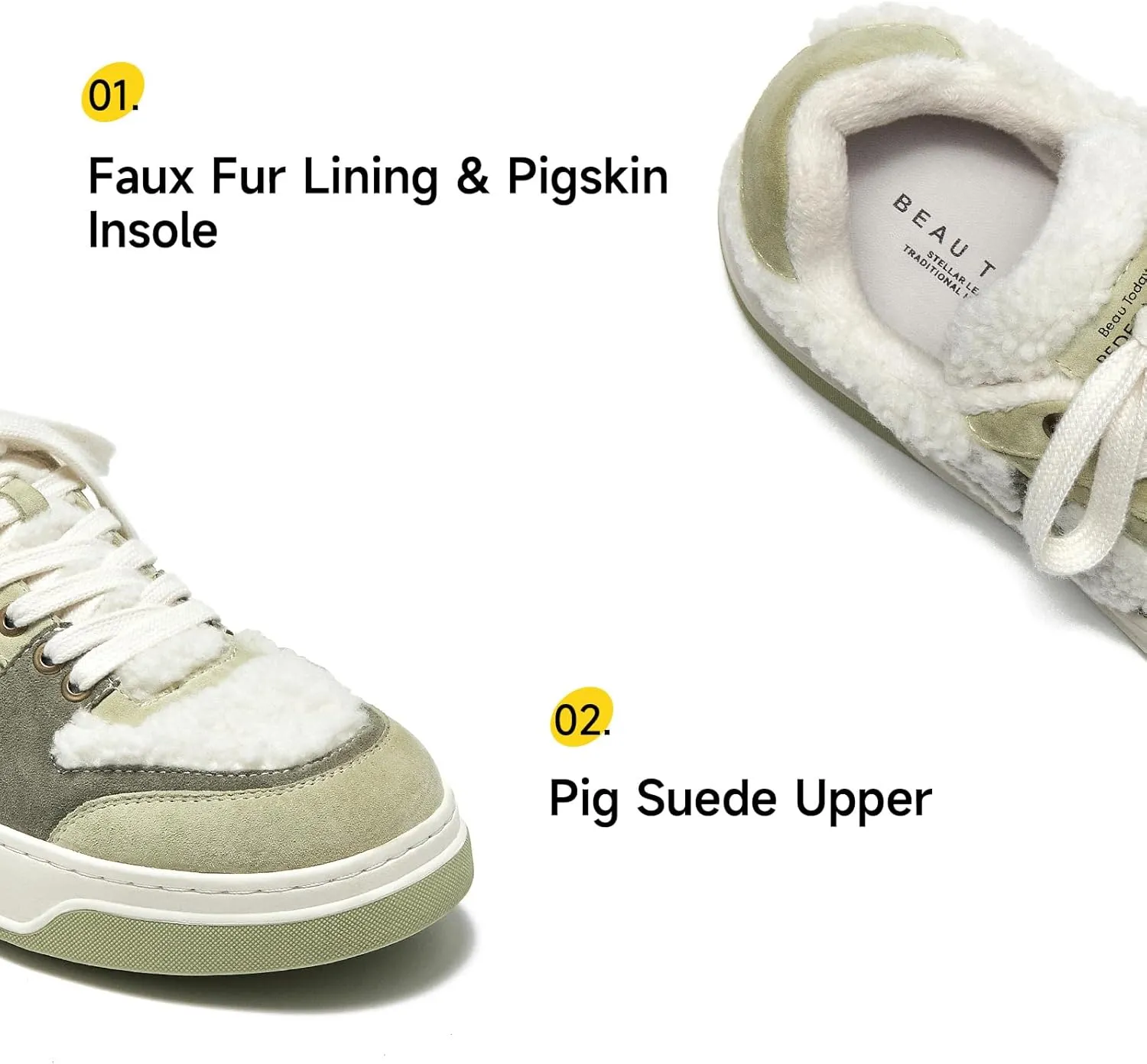 BEAU TODAY Winter Fashion Sneakers for Women, Women's Warm Fur Lined Platform Sneakers, Chunky Suede Leather Sneakers for Women, Casual Comfortable Lace-up Anti-Slip Outdoor Walking Shoes