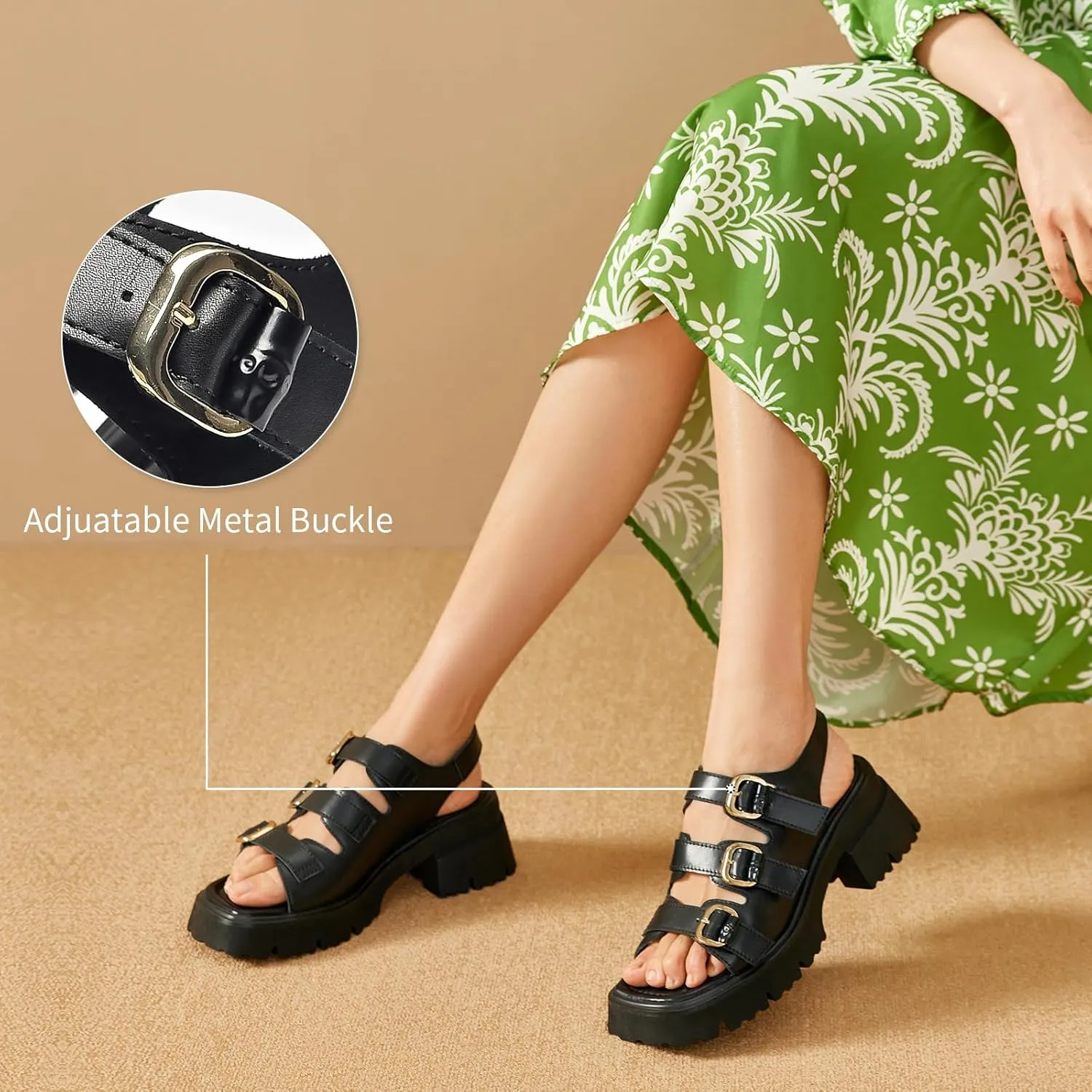 BEAU TODAY Womens Platform Fisherman Sandals, Chunky Block Heel Sandals, Leather Sandals for Women, Casual Comfortable Lightweight Open Toe Dressy Sandals with Adjustable Buckles