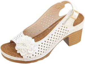 Block Heel Sandals for Women Fashion Orthopedic Sandals Breathable Hollow Out Floral Decor Sandal Summer Open Toe Ankle Buckle Strap Chunky Non Slip Dress Shoes with Arch Support
