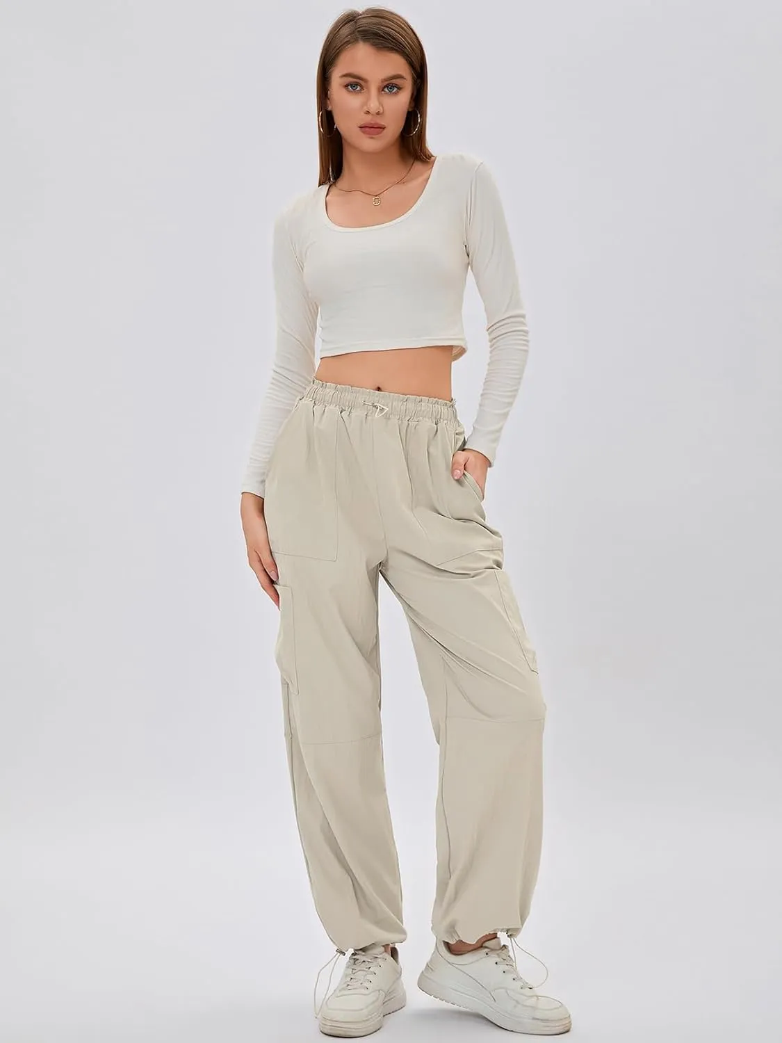Bloggerlove Womens Cargo Pants Wide Leg Jogger Y2K Parachute Drawstring Waist Casual Baggy Pant with Pockets Trendy