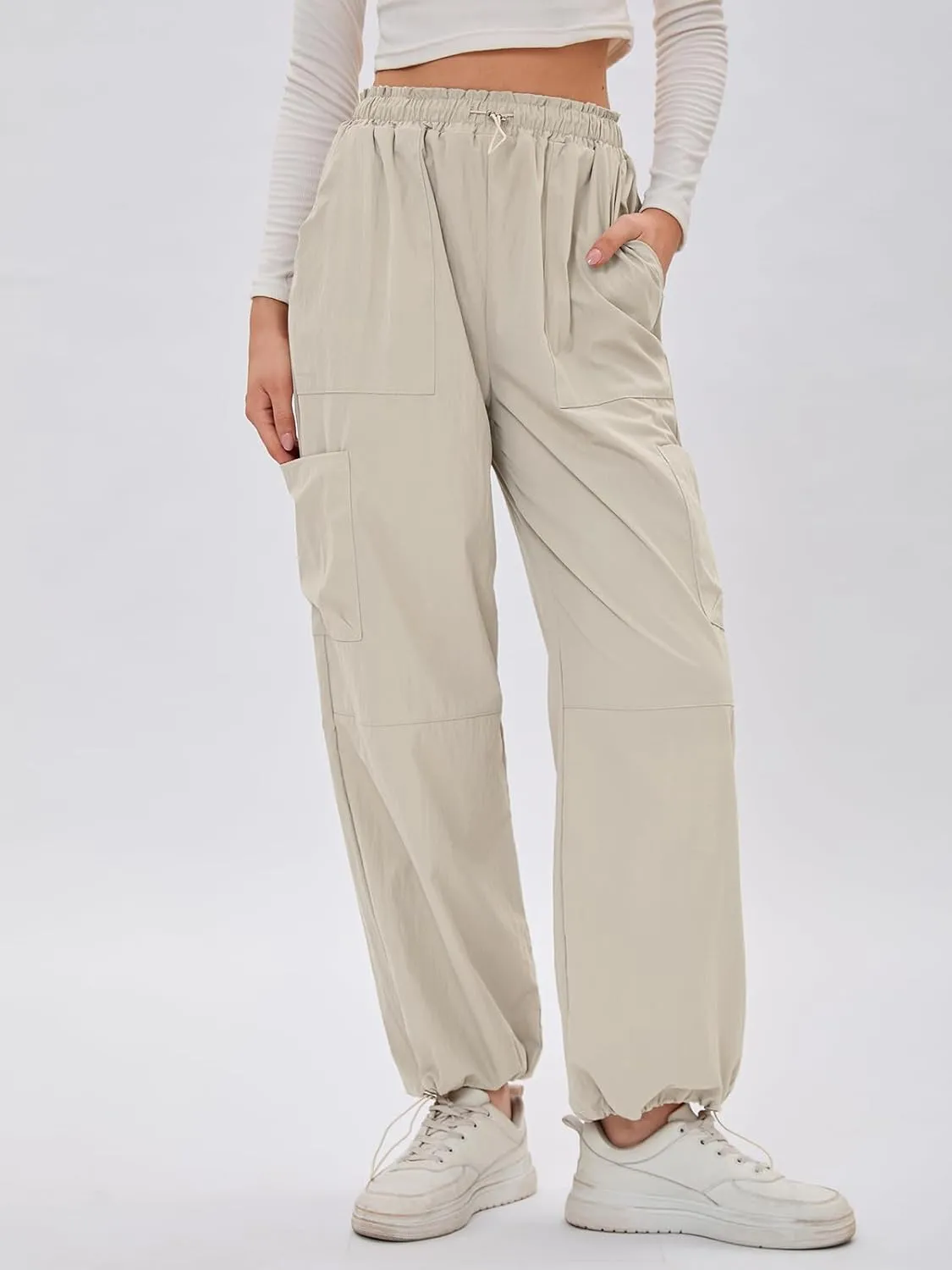 Bloggerlove Womens Cargo Pants Wide Leg Jogger Y2K Parachute Drawstring Waist Casual Baggy Pant with Pockets Trendy