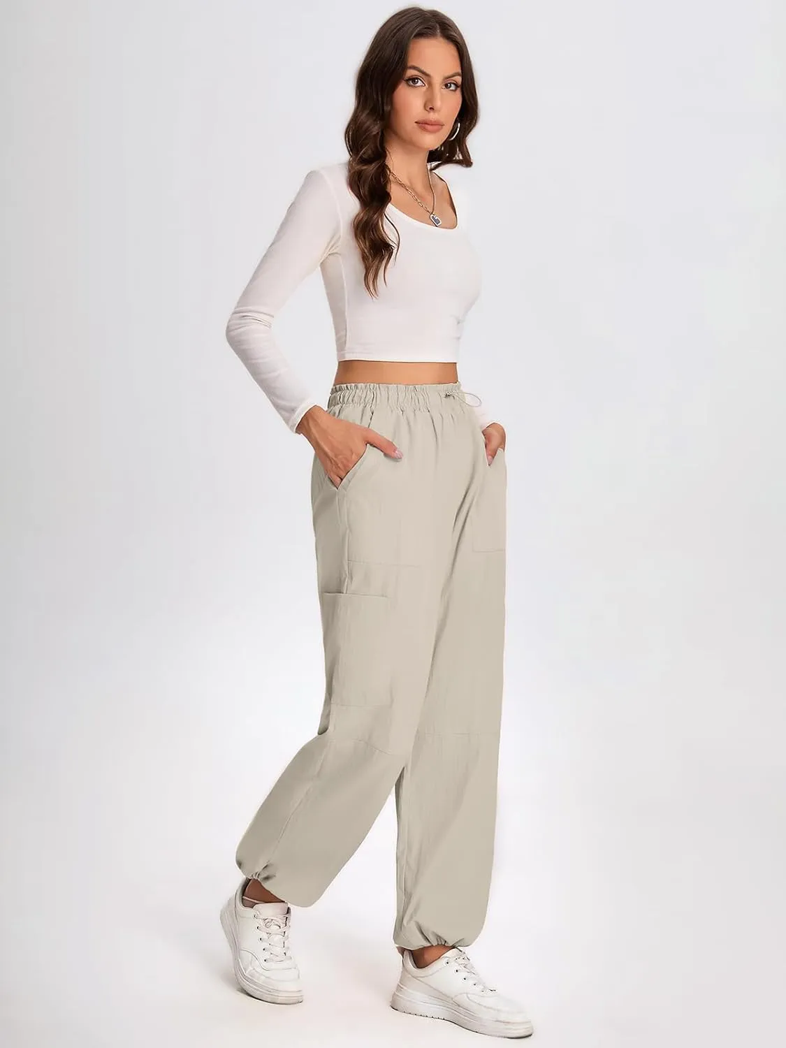 Bloggerlove Womens Cargo Pants Wide Leg Jogger Y2K Parachute Drawstring Waist Casual Baggy Pant with Pockets Trendy