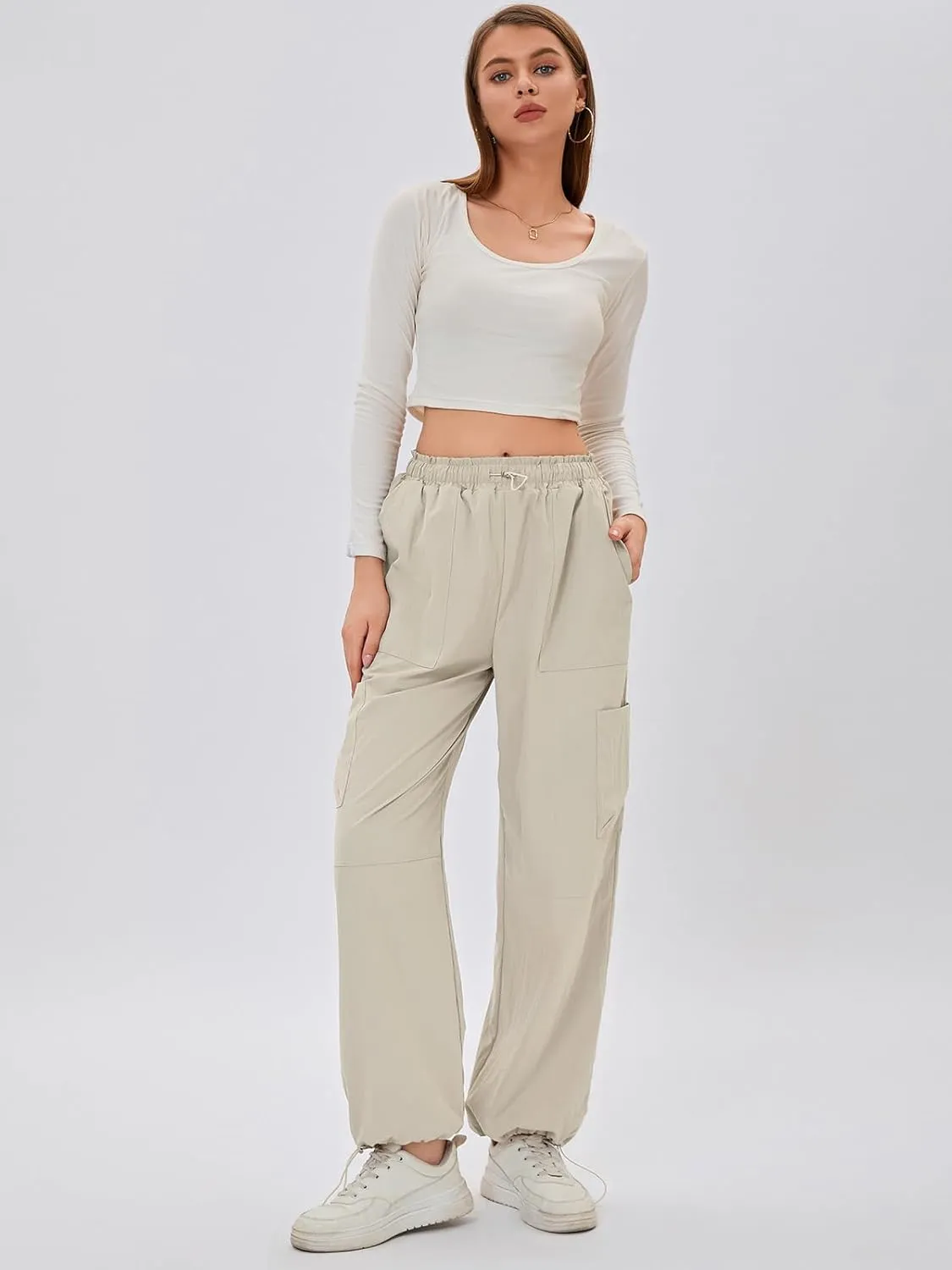 Bloggerlove Womens Cargo Pants Wide Leg Jogger Y2K Parachute Drawstring Waist Casual Baggy Pant with Pockets Trendy