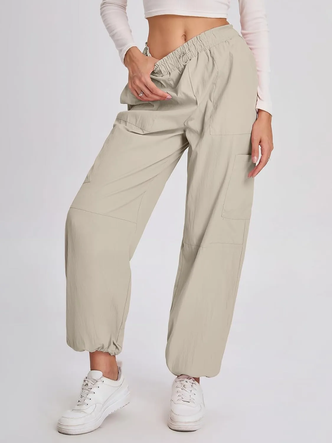 Bloggerlove Womens Cargo Pants Wide Leg Jogger Y2K Parachute Drawstring Waist Casual Baggy Pant with Pockets Trendy