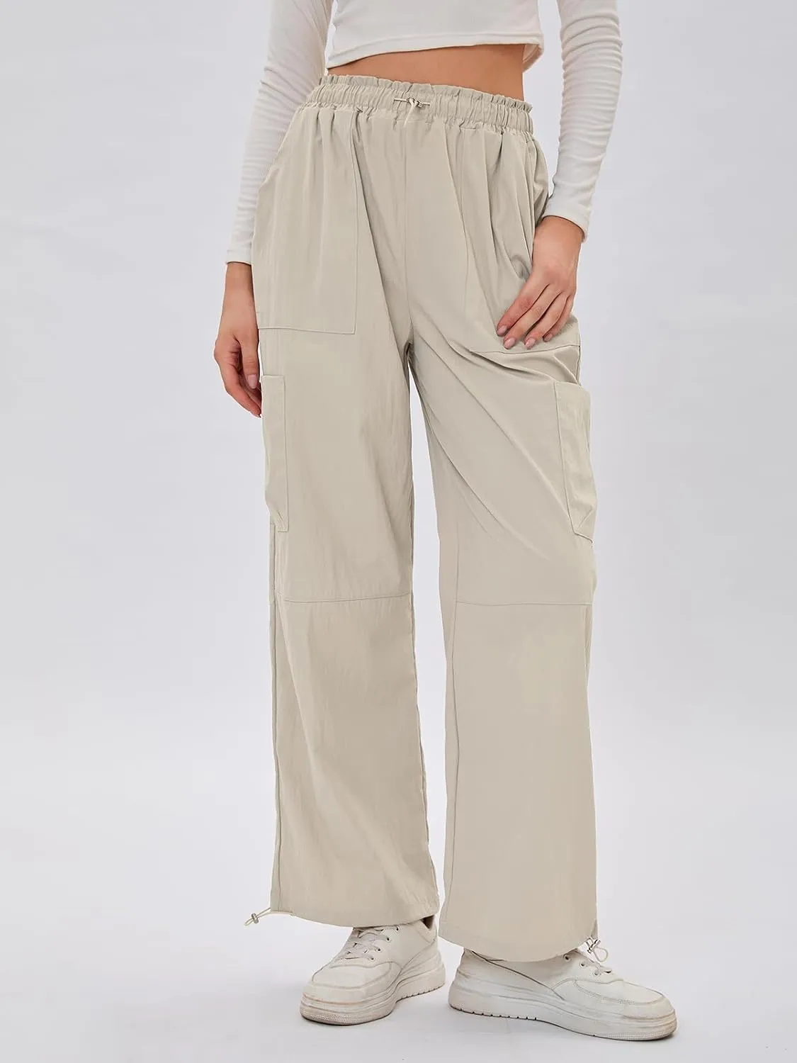 Bloggerlove Womens Cargo Pants Wide Leg Jogger Y2K Parachute Drawstring Waist Casual Baggy Pant with Pockets Trendy