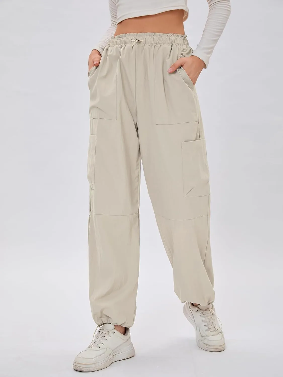 Bloggerlove Womens Cargo Pants Wide Leg Jogger Y2K Parachute Drawstring Waist Casual Baggy Pant with Pockets Trendy