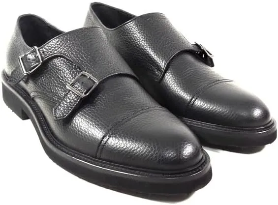 Casadei Men's Black Soft Leather Double Monk Loafers, Extra Light
