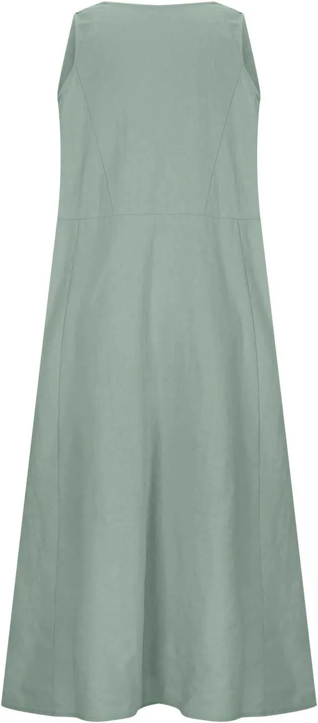 Ceboyel Women 2023 Solid Color Linen Dress Causal Summer Sun Dress Flowy Sleeveless Sundress Trendy Beach Maxi Long Dresses