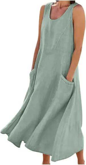 Ceboyel Women 2023 Solid Color Linen Dress Causal Summer Sun Dress Flowy Sleeveless Sundress Trendy Beach Maxi Long Dresses