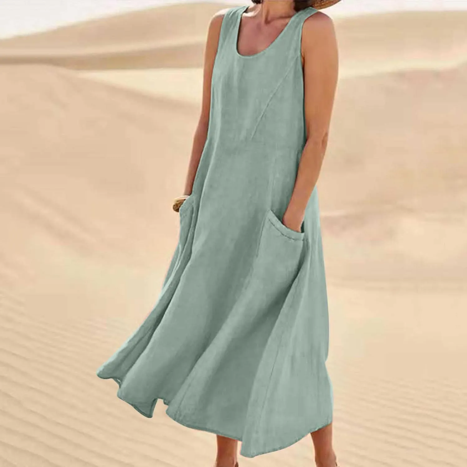 Ceboyel Women 2023 Solid Color Linen Dress Causal Summer Sun Dress Flowy Sleeveless Sundress Trendy Beach Maxi Long Dresses