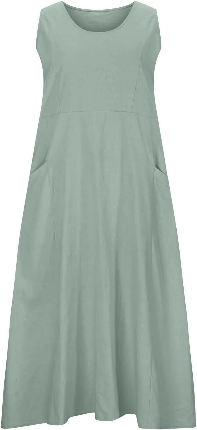 Ceboyel Women 2023 Solid Color Linen Dress Causal Summer Sun Dress Flowy Sleeveless Sundress Trendy Beach Maxi Long Dresses