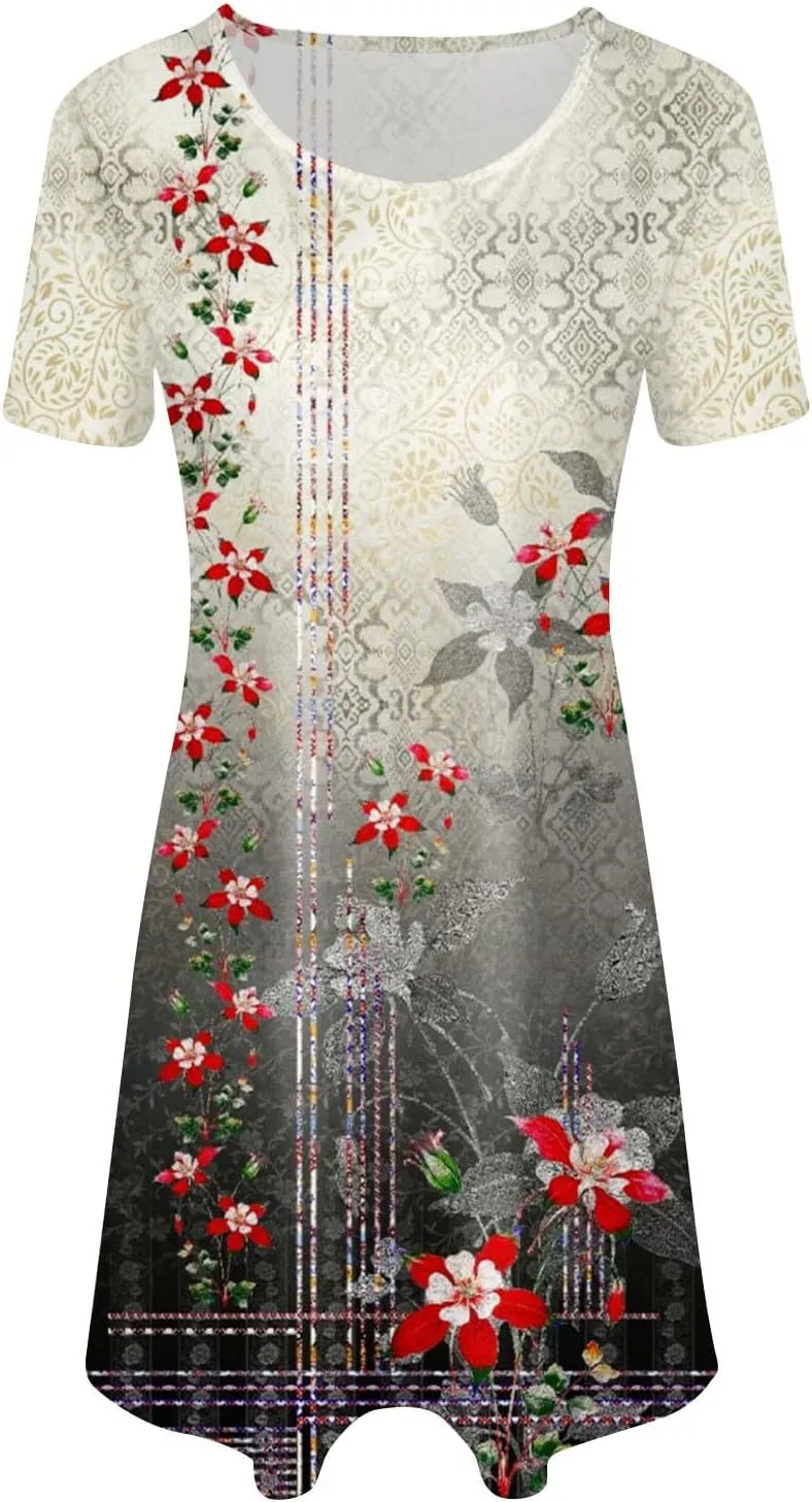 Ceboyel Womens Floral Vintage Dresses Short Sleeve Petite Dress Dressy Summer Casual Dresses Bohemian Clothes 2023