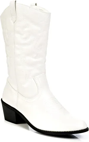 Charles Albert Cowboy Boots for Women Mid-Calf Boot Embroidered Stiching Western Cowgirl Boots Low Stacked Heel
