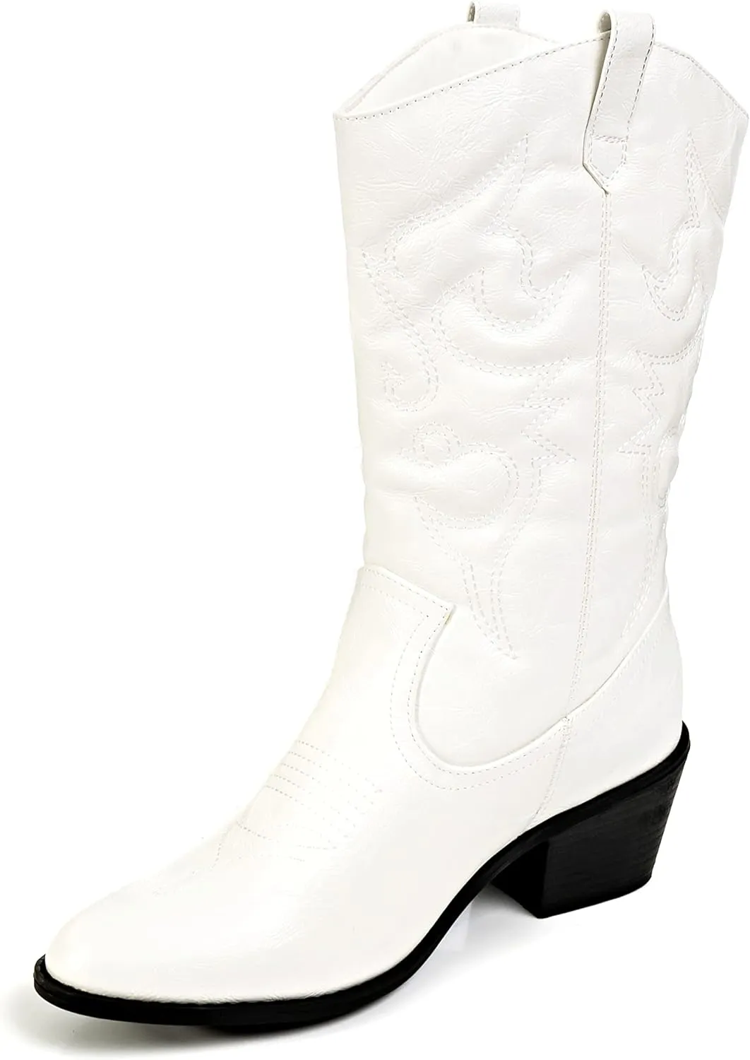 Charles Albert Cowboy Boots for Women Mid-Calf Boot Embroidered Stiching Western Cowgirl Boots Low Stacked Heel