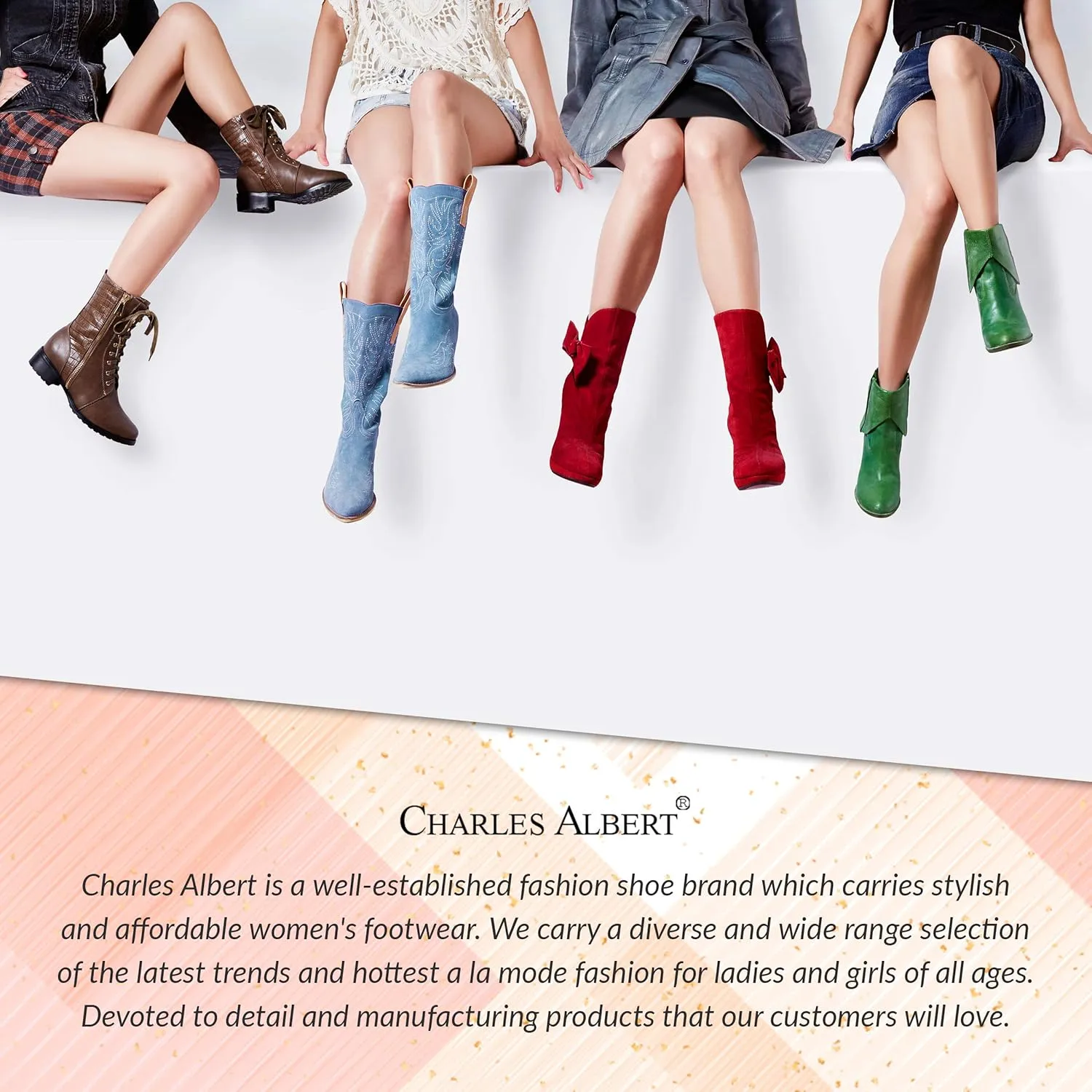 Charles Albert Cowboy Boots for Women Mid-Calf Boot Embroidered Stiching Western Cowgirl Boots Low Stacked Heel