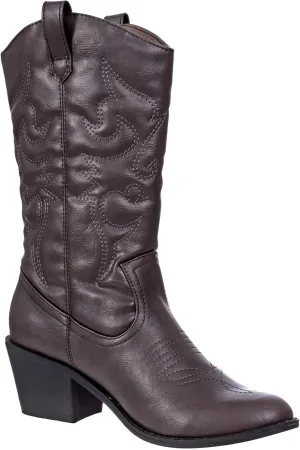 Charles Albert Cowboy Boots for Women Mid-Calf Boot Embroidered Stiching Western Cowgirl Boots Low Stacked Heel