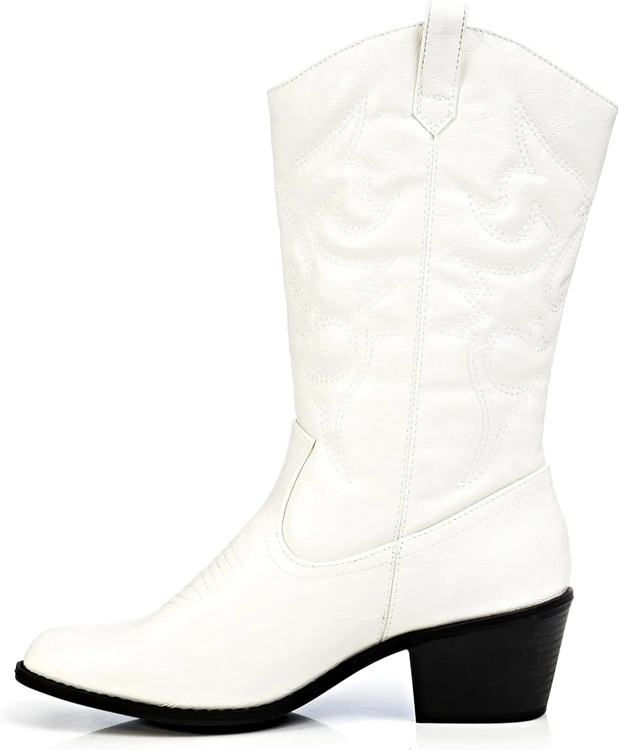 Charles Albert Cowboy Boots for Women Mid-Calf Boot Embroidered Stiching Western Cowgirl Boots Low Stacked Heel