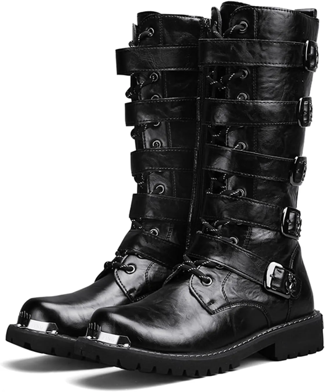 CHUUMEE Men's Wear Resistant Cycling Motorcycle Boots Side Zipper Waterproof Biker Riding Punk Rock Metal Toe Cowboy Western Tactical Army Boot