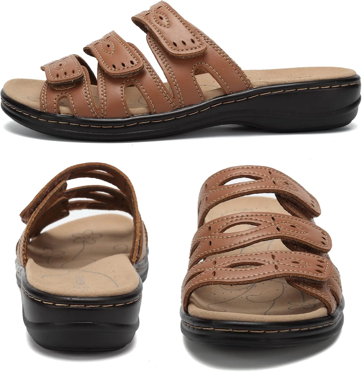 CIOR Women's Classic Leather Sandals, Black, Flat, Open Toe, Arch Support, Adjustable Strap, Casual, Water Resistant, Perfect for Beach, Street, Shopping, Dating, Vacation, Pool, Party