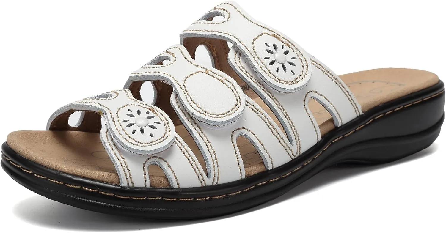 CIOR Women's Classic Leather Sandals, Black, Flat, Open Toe, Arch Support, Adjustable Strap, Casual, Water Resistant, Perfect for Beach, Street, Shopping, Dating, Vacation, Pool, Party
