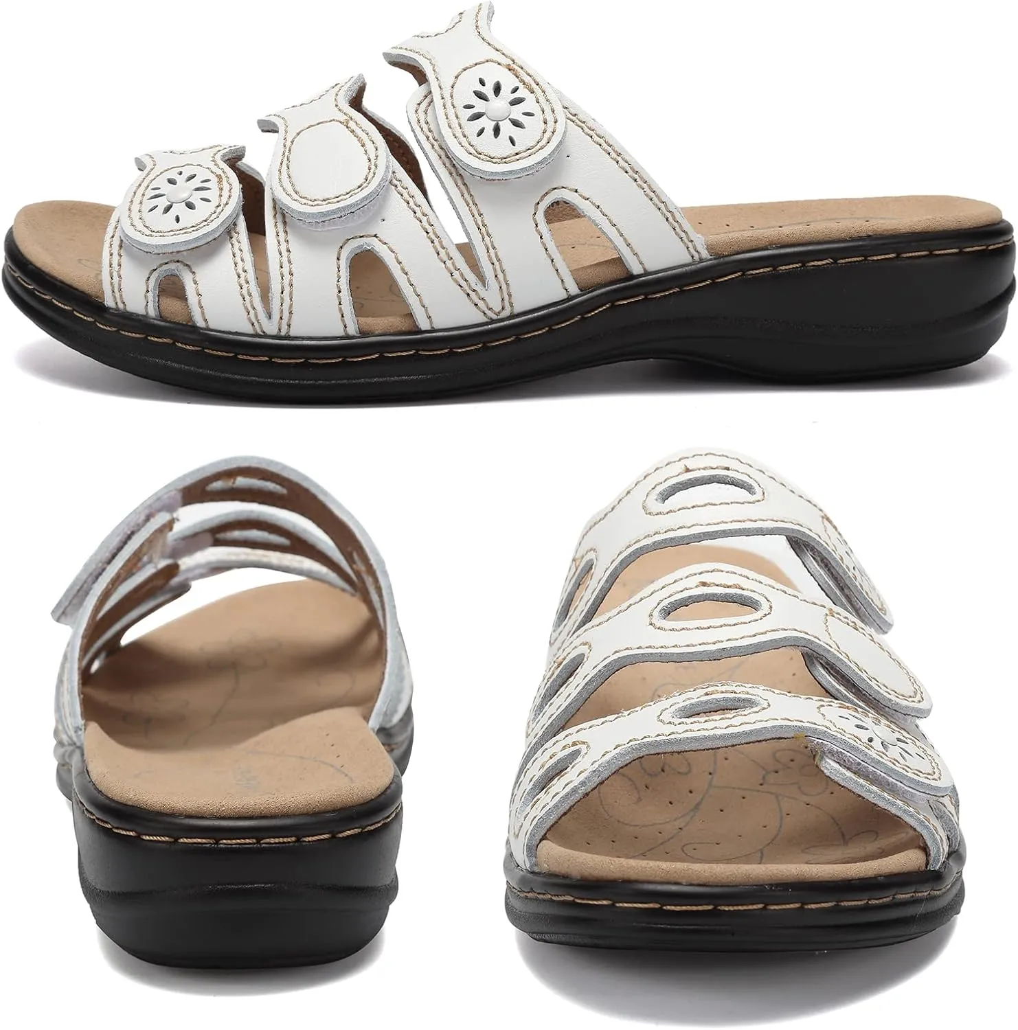 CIOR Women's Classic Leather Sandals, Black, Flat, Open Toe, Arch Support, Adjustable Strap, Casual, Water Resistant, Perfect for Beach, Street, Shopping, Dating, Vacation, Pool, Party