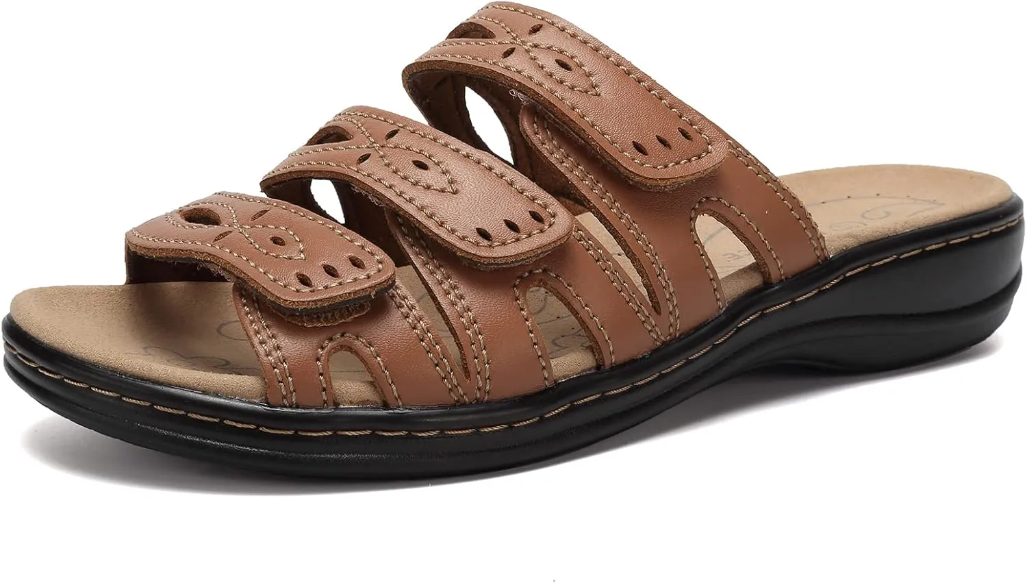 CIOR Women's Classic Leather Sandals, Black, Flat, Open Toe, Arch Support, Adjustable Strap, Casual, Water Resistant, Perfect for Beach, Street, Shopping, Dating, Vacation, Pool, Party