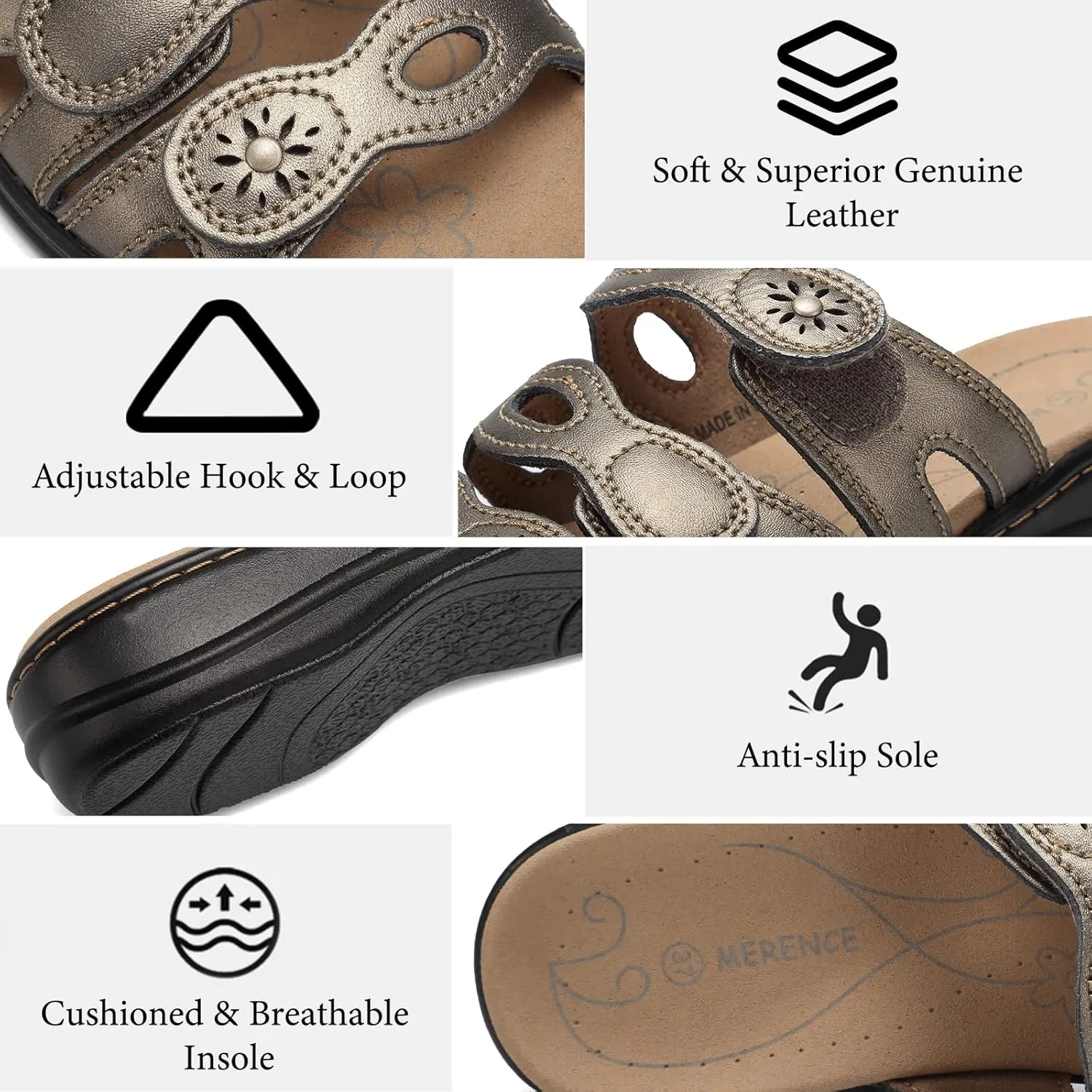 CIOR Women's Classic Leather Sandals, Black, Flat, Open Toe, Arch Support, Adjustable Strap, Casual, Water Resistant, Perfect for Beach, Street, Shopping, Dating, Vacation, Pool, Party