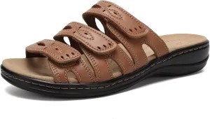 CIOR Women's Classic Leather Sandals, Black, Flat, Open Toe, Arch Support, Adjustable Strap, Casual, Water Resistant, Perfect for Beach, Street, Shopping, Dating, Vacation, Pool, Party