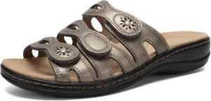 CIOR Women's Classic Leather Sandals, Black, Flat, Open Toe, Arch Support, Adjustable Strap, Casual, Water Resistant, Perfect for Beach, Street, Shopping, Dating, Vacation, Pool, Party