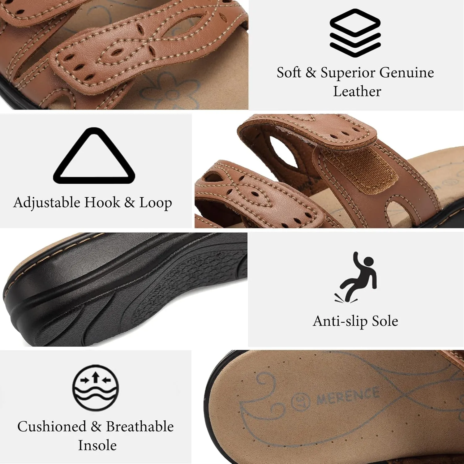 CIOR Women's Classic Leather Sandals, Black, Flat, Open Toe, Arch Support, Adjustable Strap, Casual, Water Resistant, Perfect for Beach, Street, Shopping, Dating, Vacation, Pool, Party